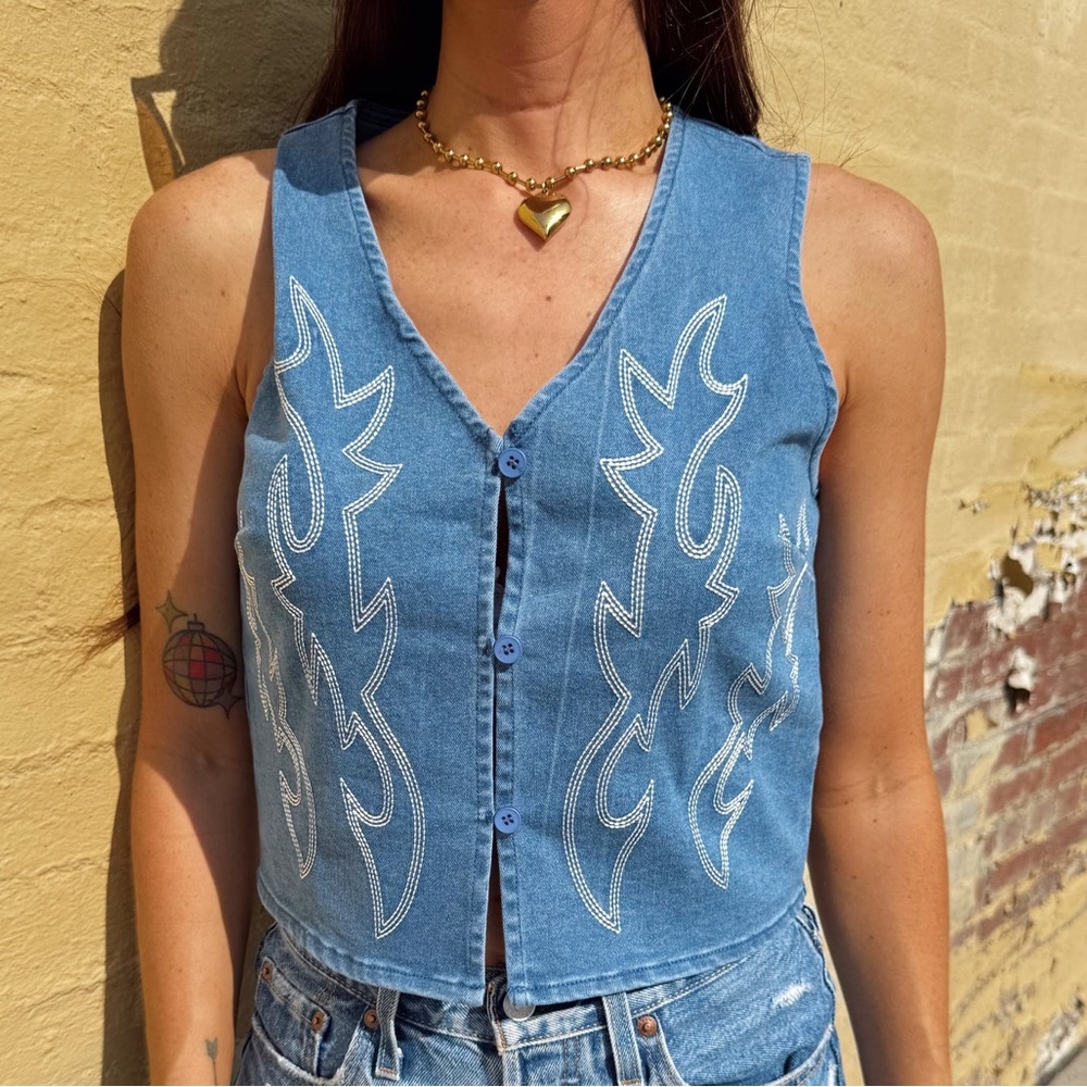 Altar'd State Blue Embroidered Denim Top